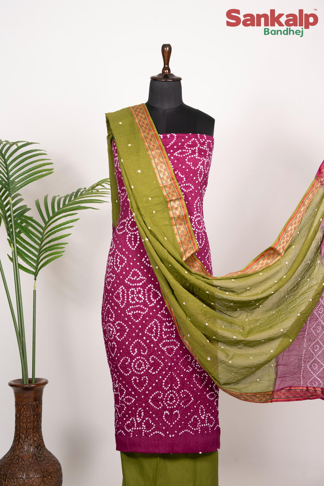 Magenta Bandhej 3 Piece Cotton Satin Dress Material