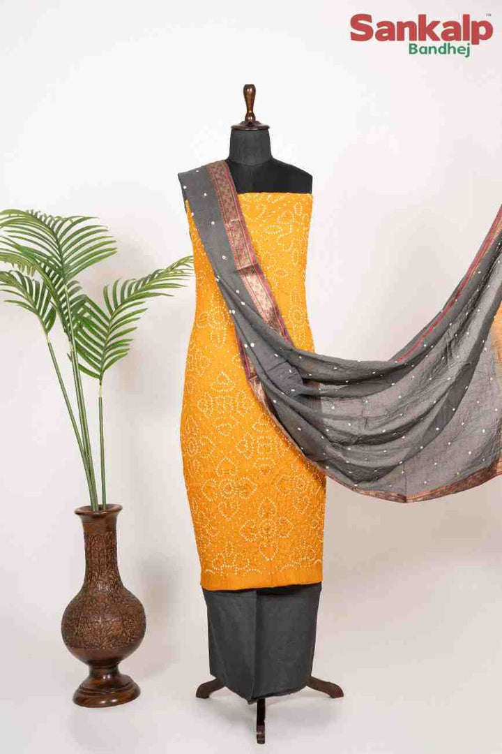 Yellow Bandhej 3 Piece Cotton Stain Dress Material