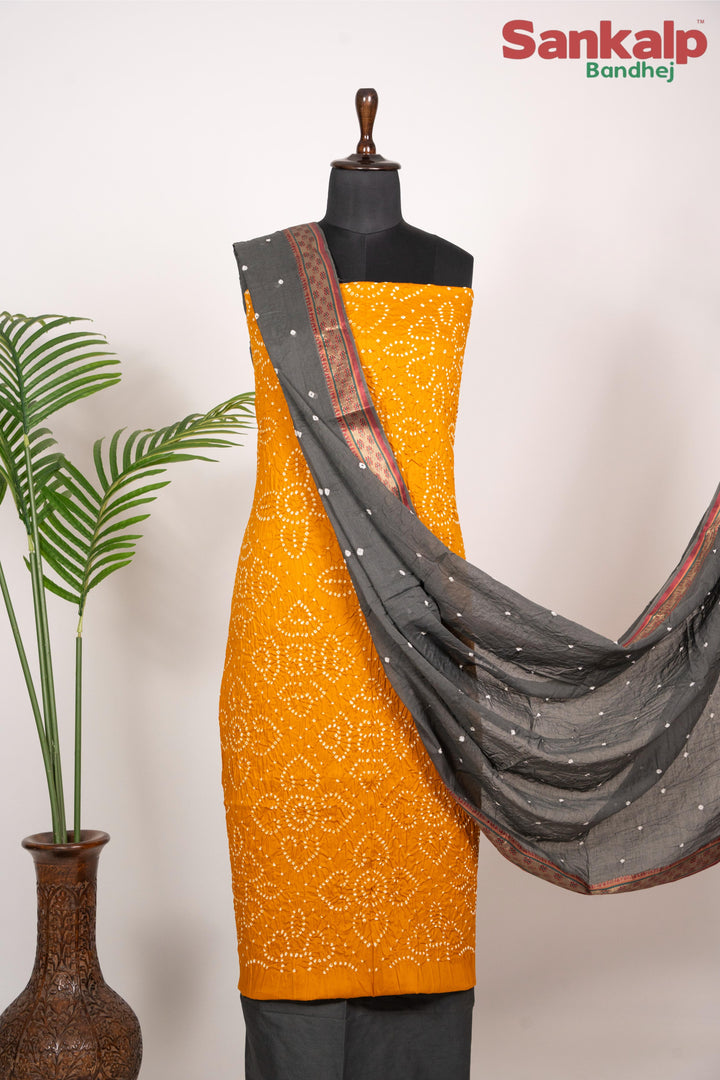 Yellow Bandhej 3 Piece Cotton Stain Dress Material