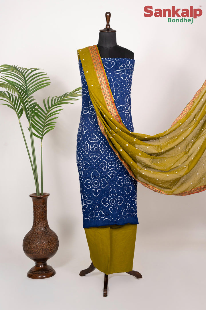Royal Blue Bandhej 3 Piece Cotton Satin Dress Material Set