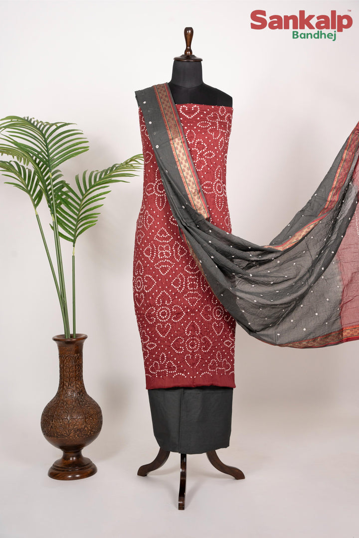 Rust Red Bandhej 3 Piece Cotton Satin Dress Material
