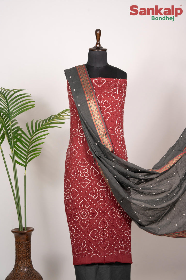 Rust Red Bandhej 3 Piece Cotton Satin Dress Material