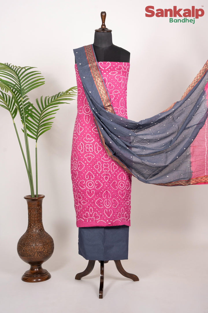Pink Bandhej 3 Piece Cotton Satin Dress Material