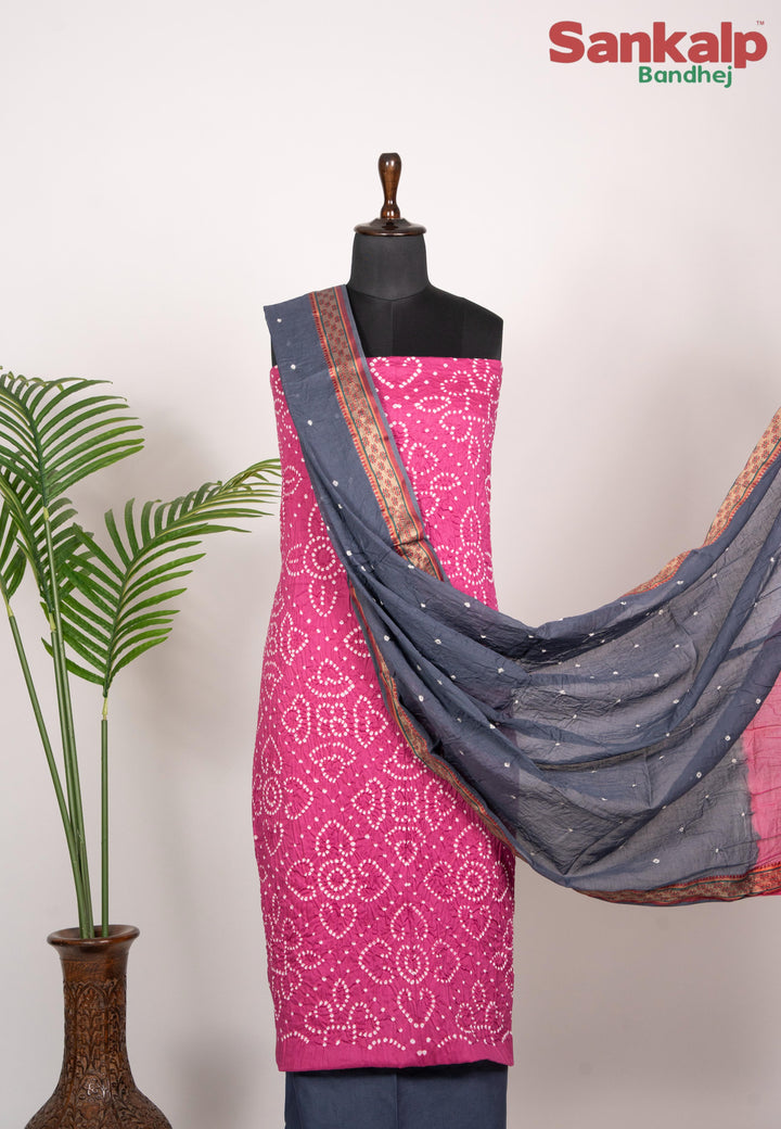 Pink Bandhej 3 Piece Cotton Satin Dress Material