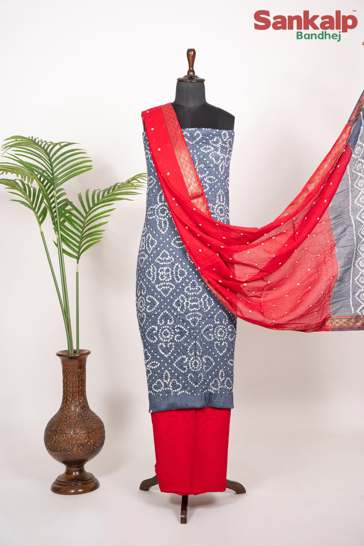 Grey Bandhej 3 Piece Cotton Satin Dress Material