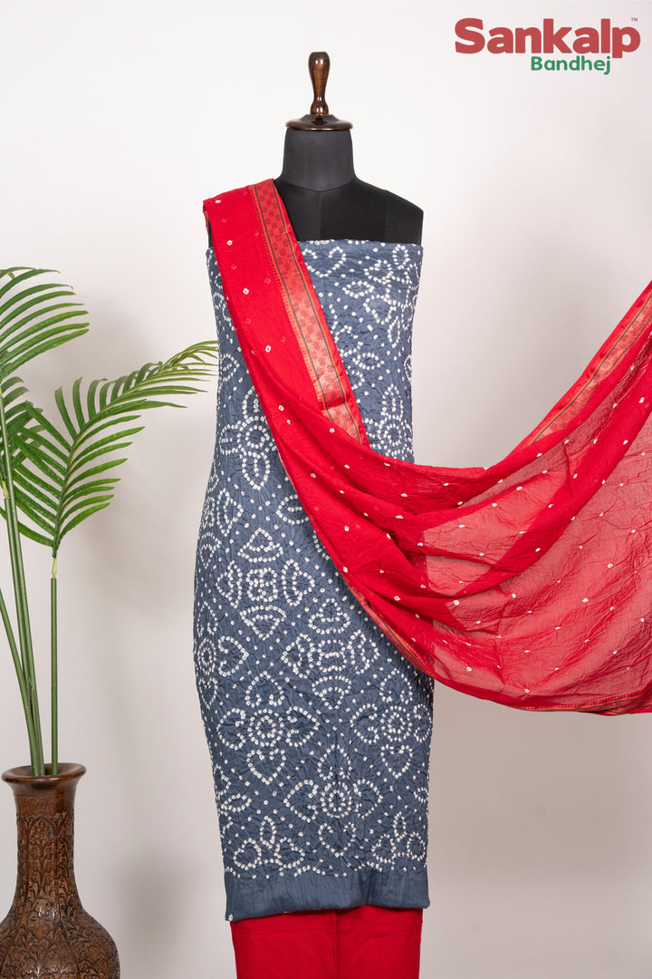 Grey Bandhej 3 Piece Cotton Satin Dress Material