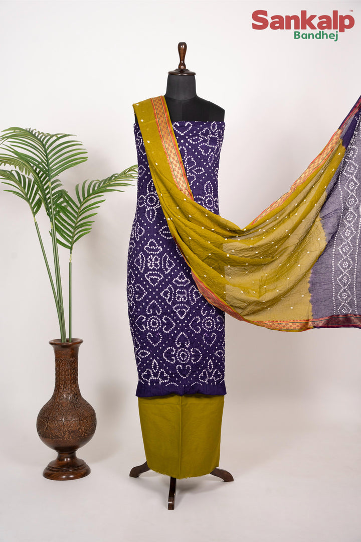 Purple Bandhej 3 Piece Cotton Satin Dress Material