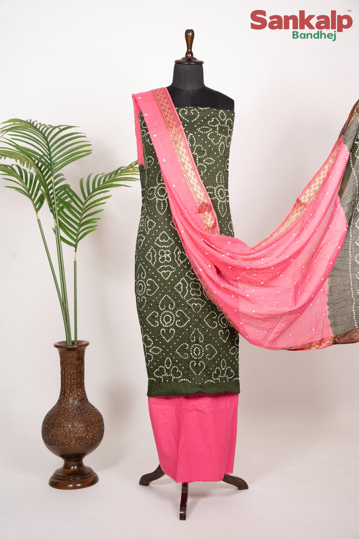 Olive Green Bandhej 3 Piece Cotton Satin Dress Material Set