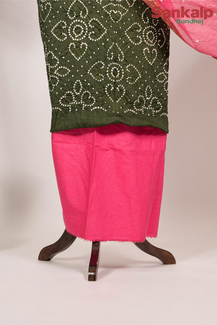 Olive Green Bandhej 3 Piece Cotton Satin Dress Material Set