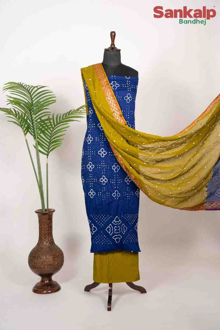 Blue Bandhej Cotton Satin Dress Material with Mustard Dupatta