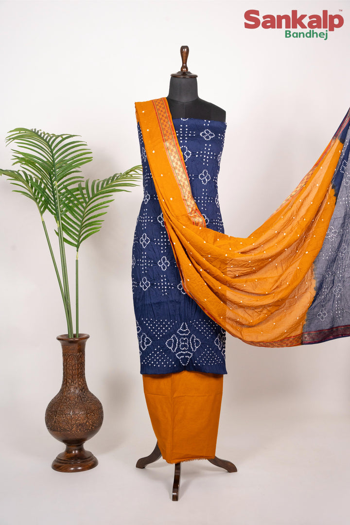 Cotton Blue Dress Material with Dark Yellow Duptta