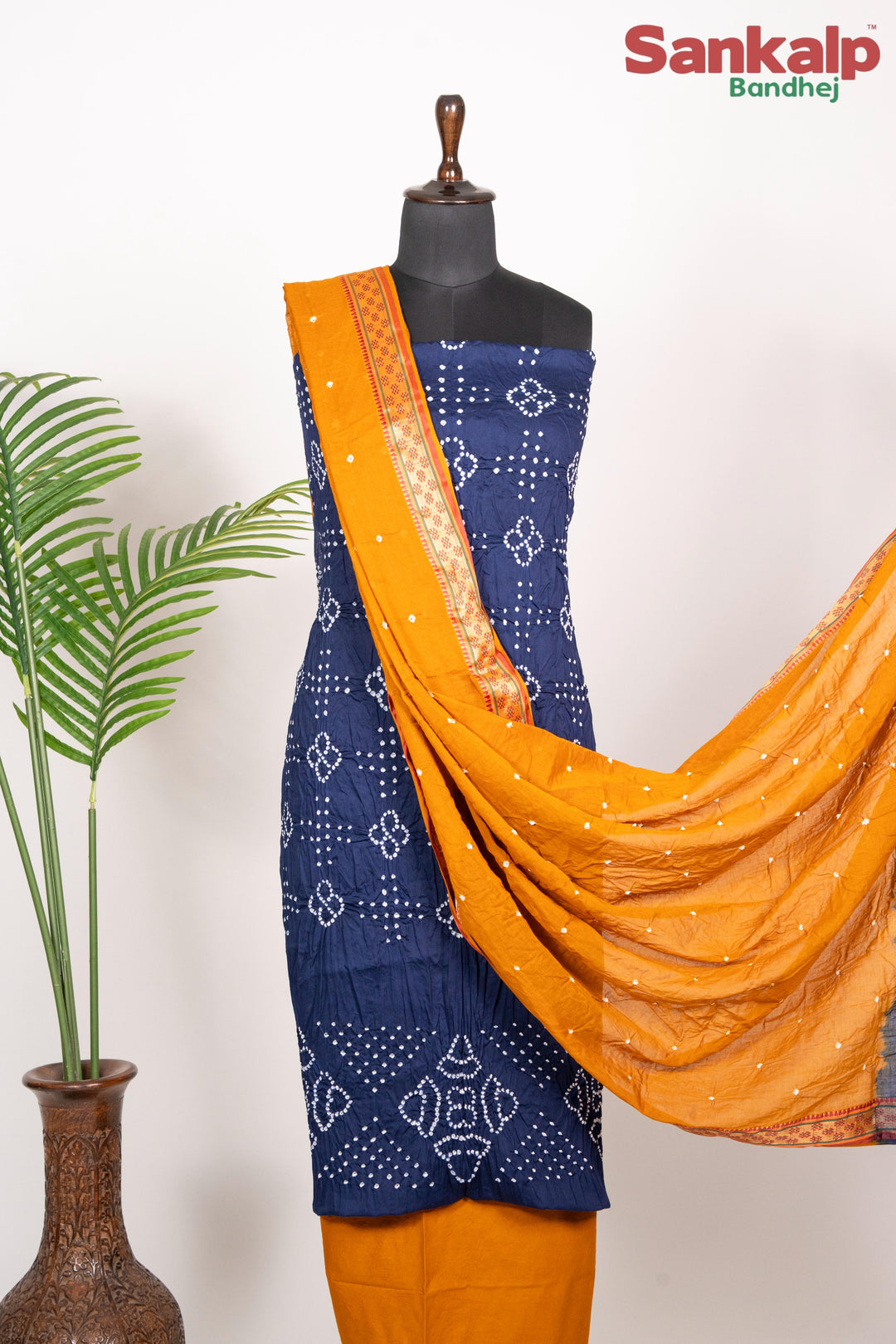 Cotton Blue Dress Material with Dark Yellow Duptta