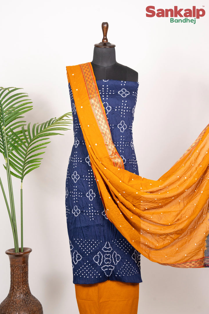 Cotton Blue Dress Material with Dark Yellow Duptta