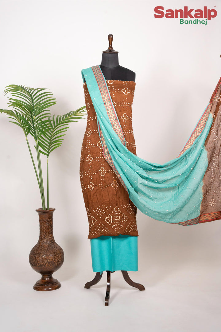 Brown Dress Material With Light Blue Duptta