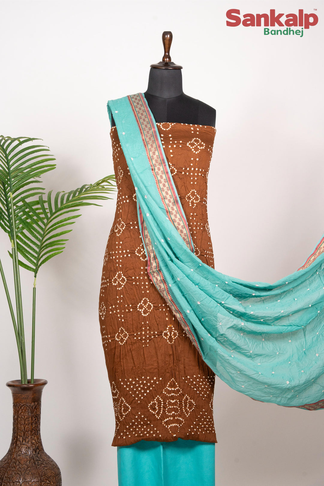 Brown Dress Material With Light Blue Duptta