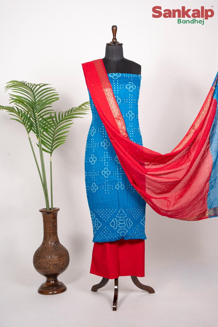 Cotton Satin Light Blue Dress Material With Red Duppta