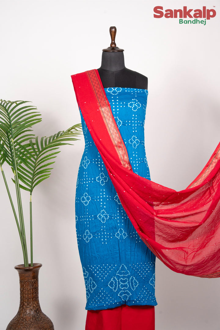 Cotton Satin Light Blue Dress Material With Red Duppta