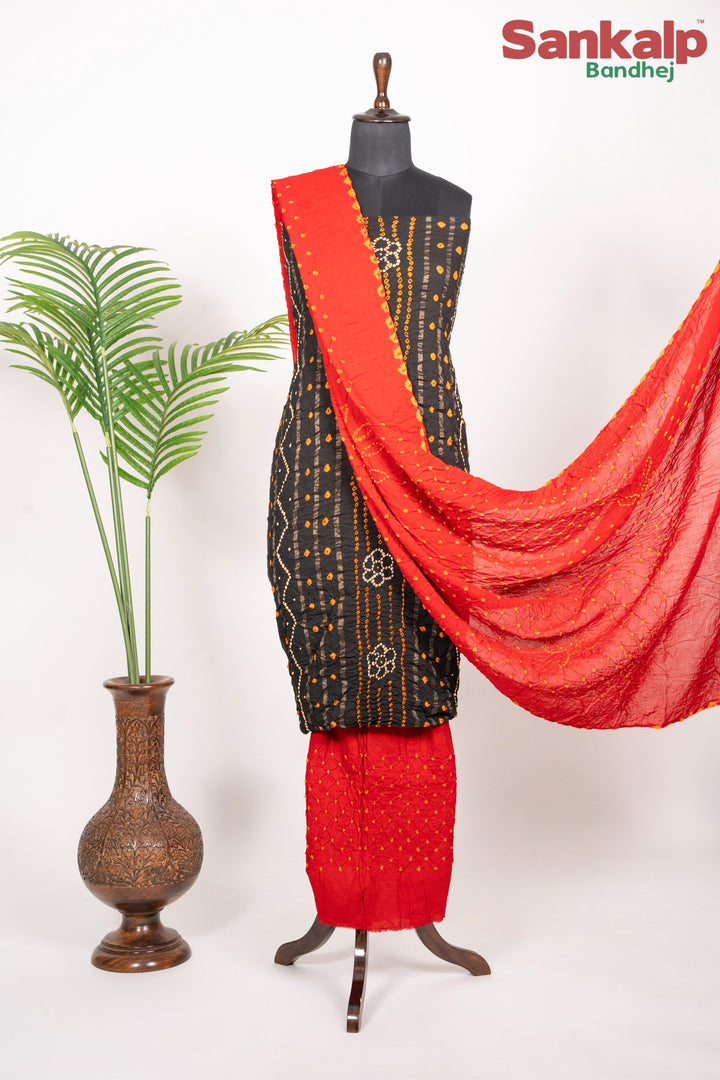 Black Bandhani Cotton Satin Suit Material with Red Dupatta