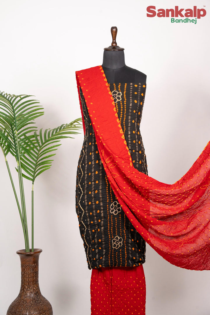 Black Bandhani Cotton Satin Suit Material with Red Dupatta
