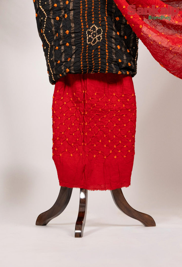 Black Bandhani Cotton Satin Suit Material with Red Dupatta