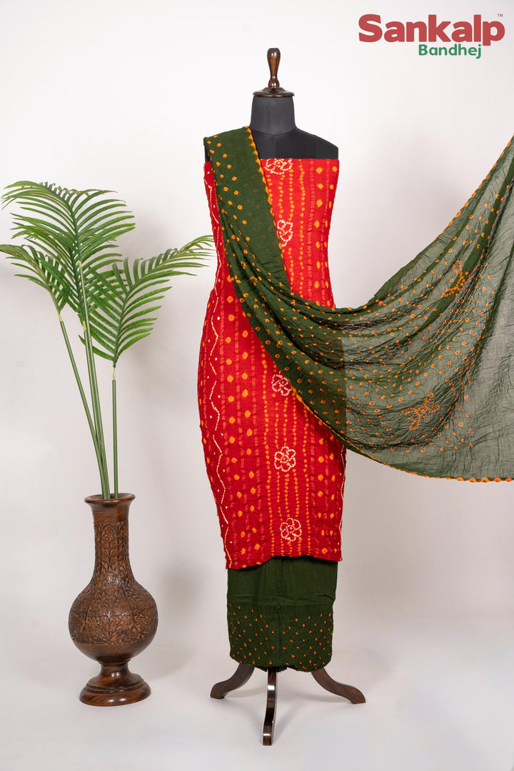 Red  Bandhani Cotton Satin Suit Material with Mehendi Green Dupatta