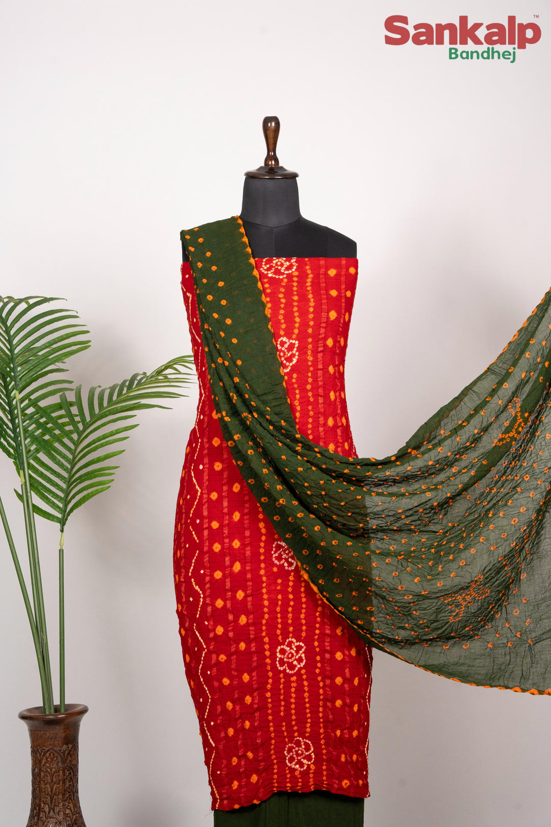 Red  Bandhani Cotton Satin Suit Material with Mehendi Green Dupatta