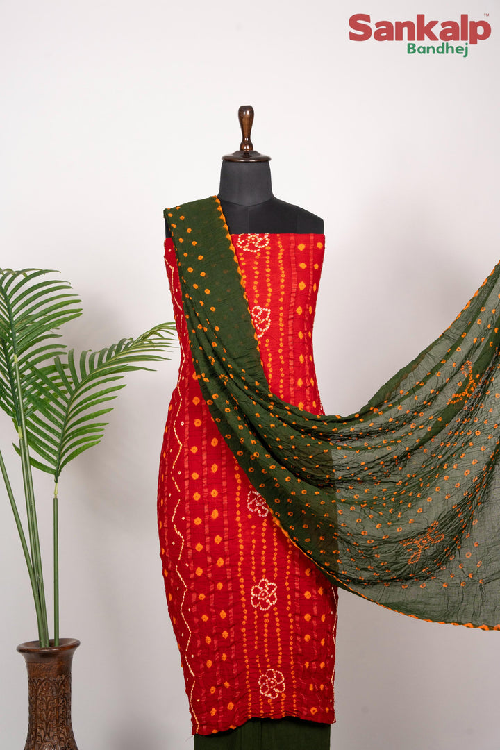 Red  Bandhani Cotton Satin Suit Material with Mehendi Green Dupatta