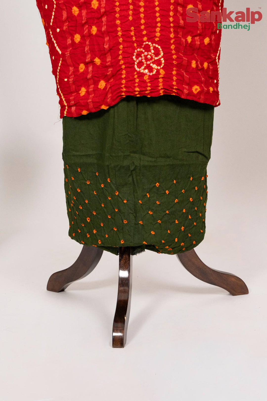 Red  Bandhani Cotton Satin Suit Material with Mehendi Green Dupatta