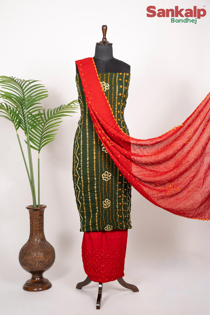Mehendi Green Cotton Satin Bandhani Suit Material With Red Bandhej Dupatta