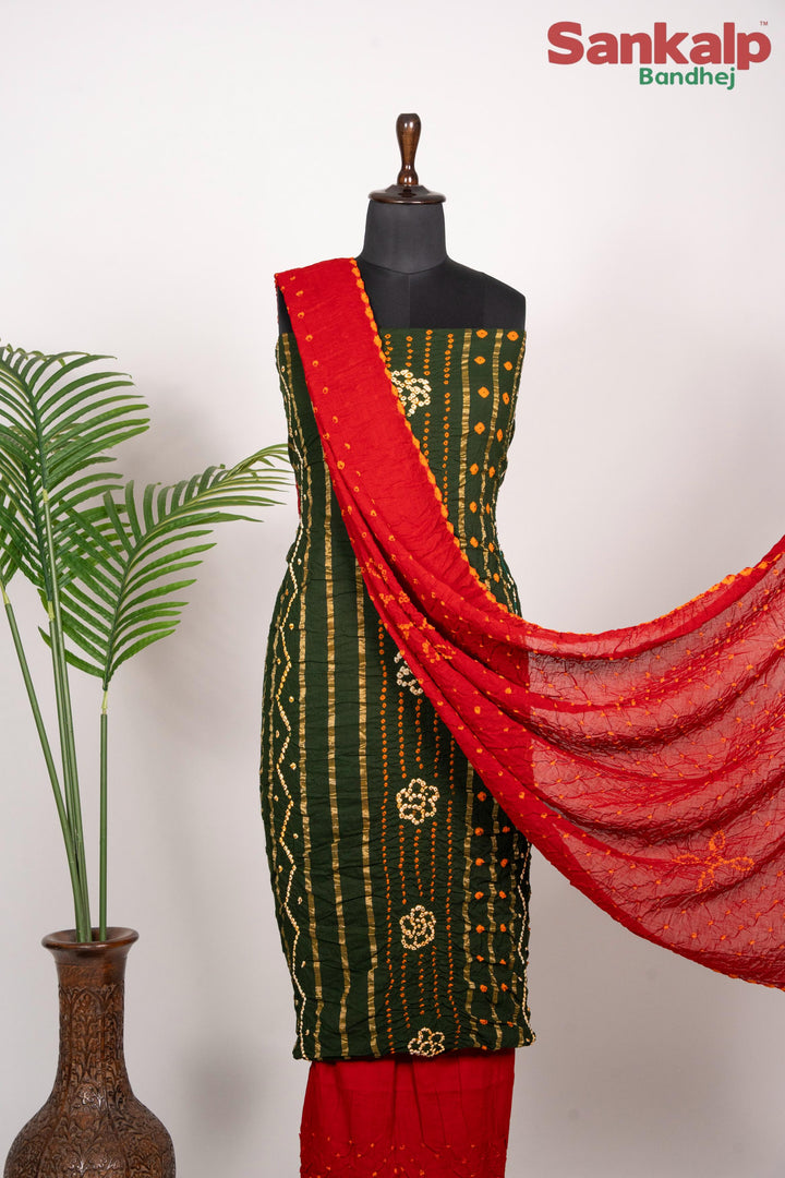 Mehendi Green Cotton Satin Bandhani Suit Material With Red Bandhej Dupatta
