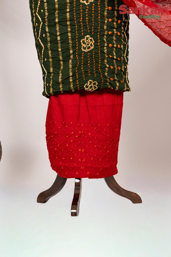 Mehendi Green Cotton Satin Bandhani Suit Material With Red Bandhej Dupatta