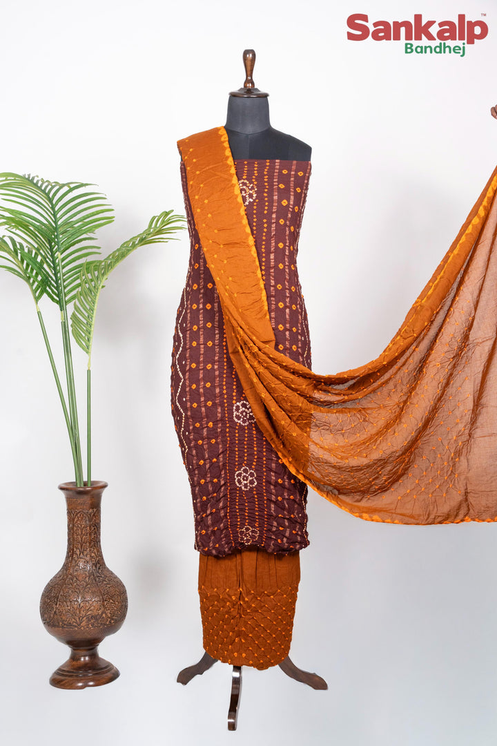 Brown Bandhani Cotton Satin Suit Material with Rust Orange Dupatta