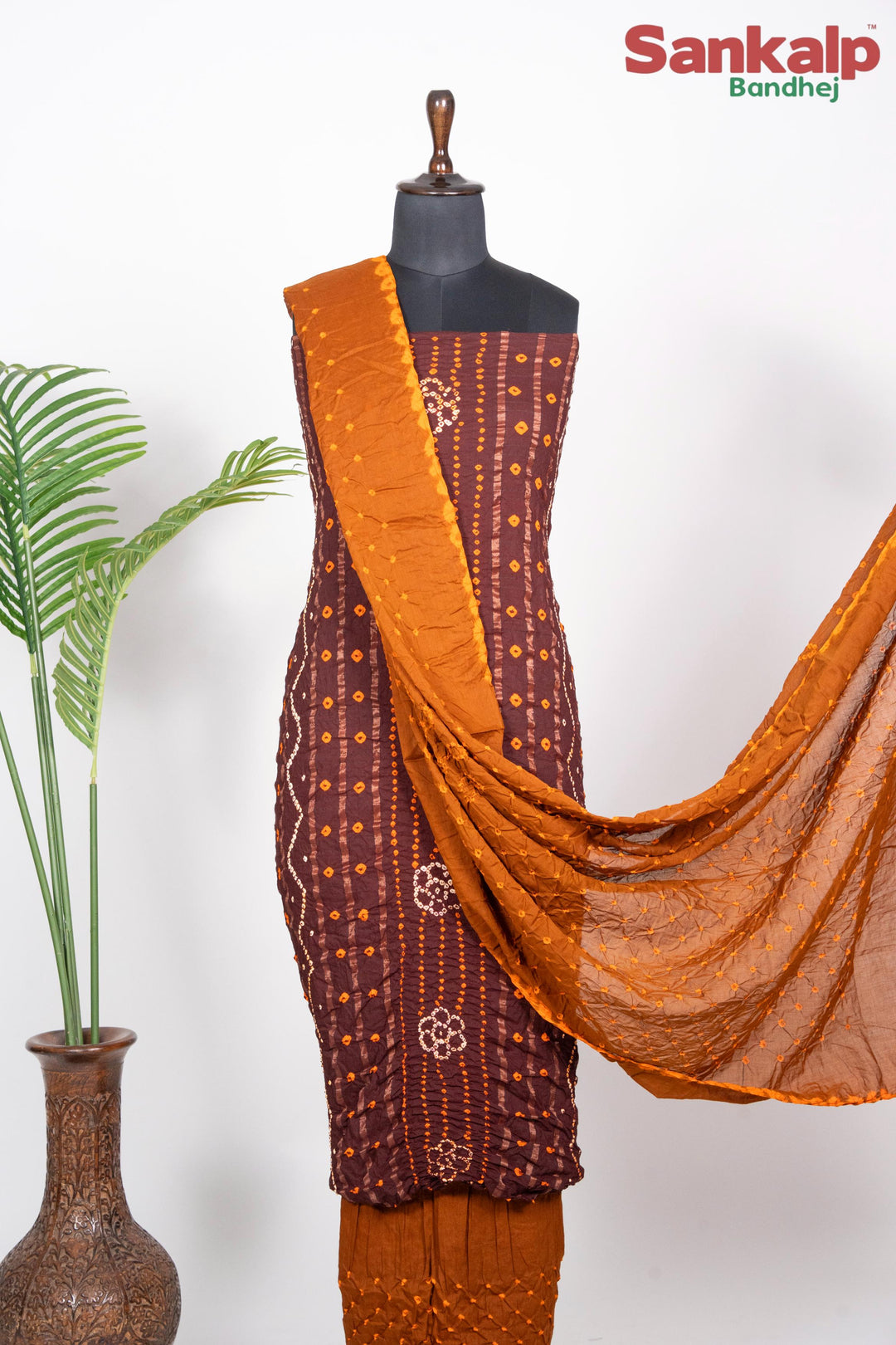 Brown Bandhani Cotton Satin Suit Material with Rust Orange Dupatta