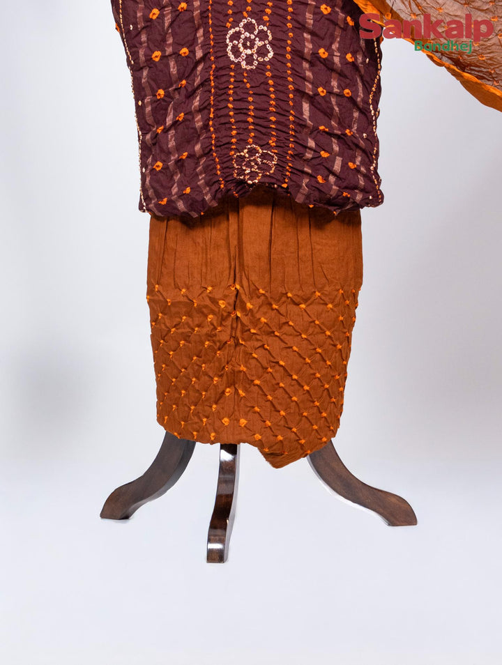 Brown Bandhani Cotton Satin Suit Material with Rust Orange Dupatta