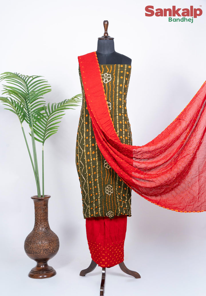 Olive Green Bandhani Cotton Satin Suit Material with Red Dupatta