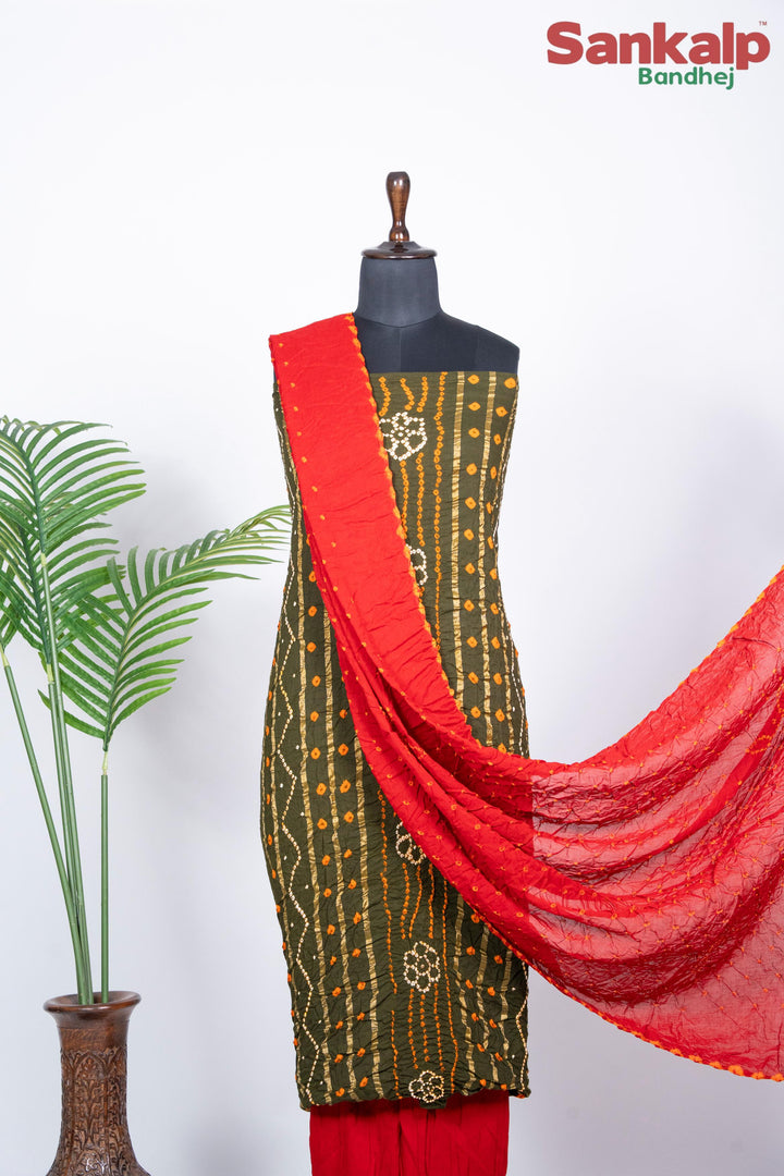 Olive Green Bandhani Cotton Satin Suit Material with Red Dupatta