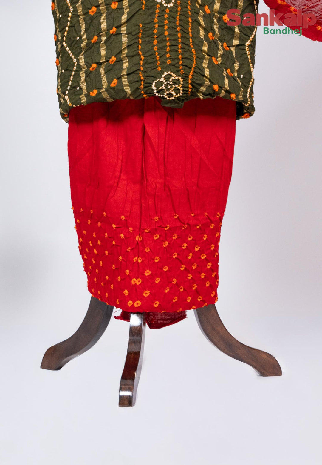 Olive Green Bandhani Cotton Satin Suit Material with Red Dupatta