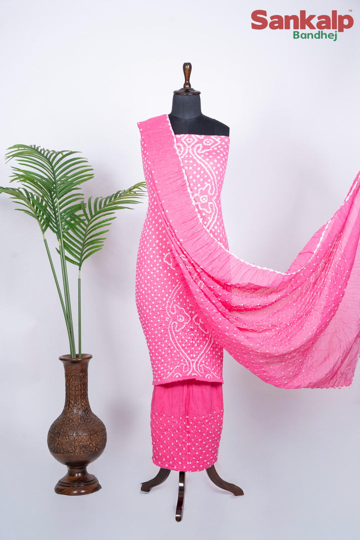Pink Bandhani Cotton Satin 3 Piece Dress Material