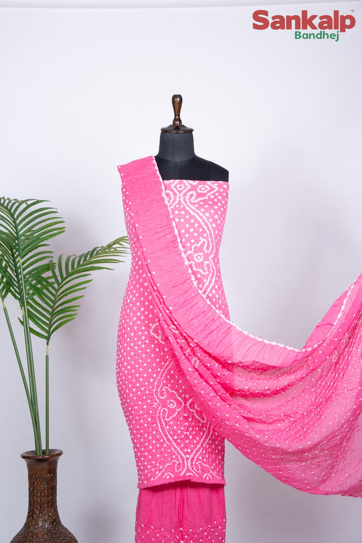 Pink Bandhani Cotton Satin 3 Piece Dress Material