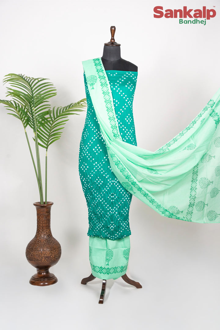 Teal Green Cotton Satin Bandhej Suit With Block Print Dupatta