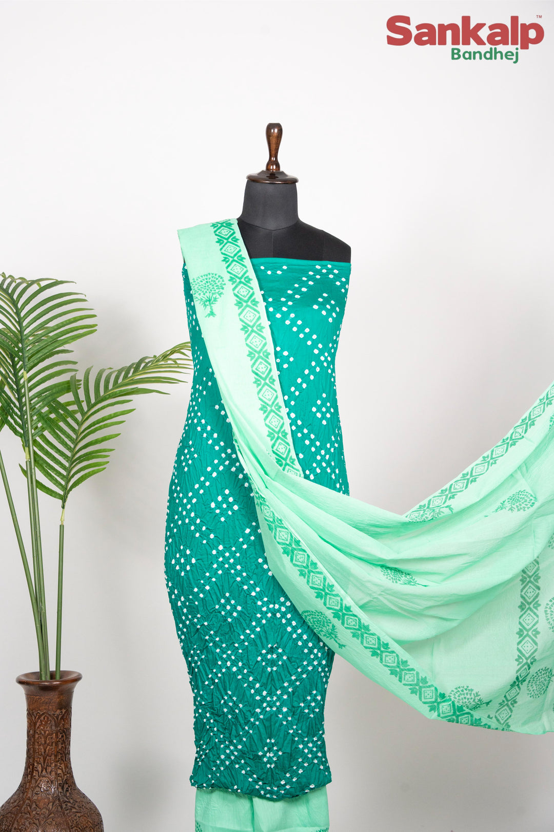 Teal Green Cotton Satin Bandhej Suit With Block Print Dupatta