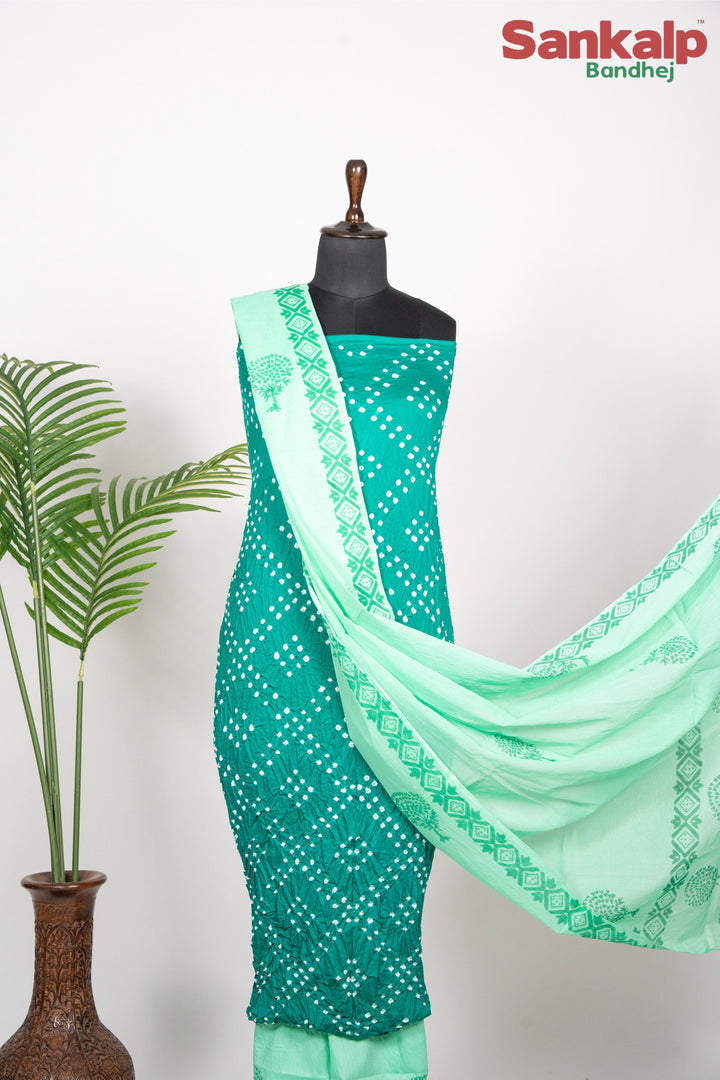 Teal Green Cotton Satin Bandhej Suit With Block Print Dupatta