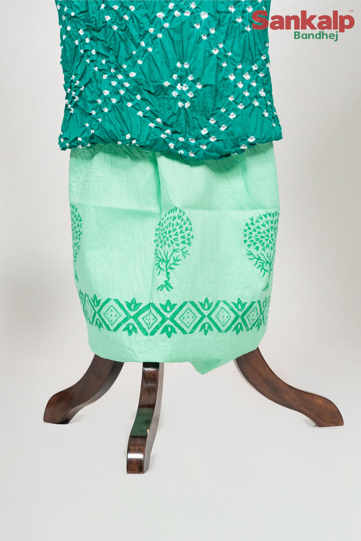 Teal Green Cotton Satin Bandhej Suit With Block Print Dupatta