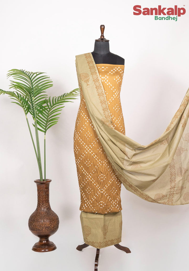 Mustard  Cotton Satin Bandhej Suit With Block Print Dupatta
