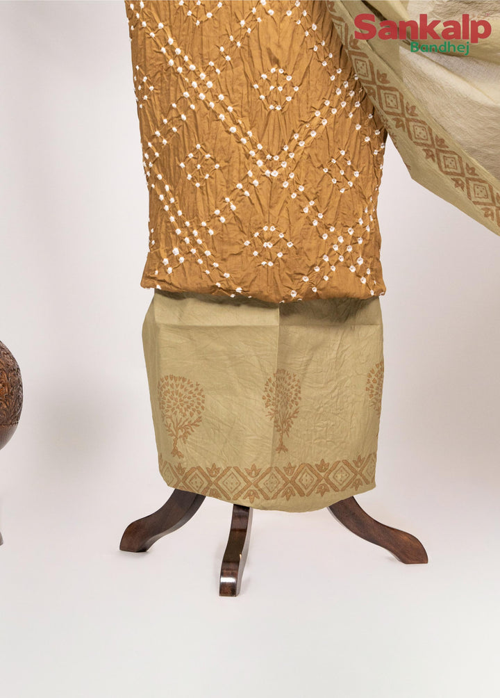 Mustard  Cotton Satin Bandhej Suit With Block Print Dupatta