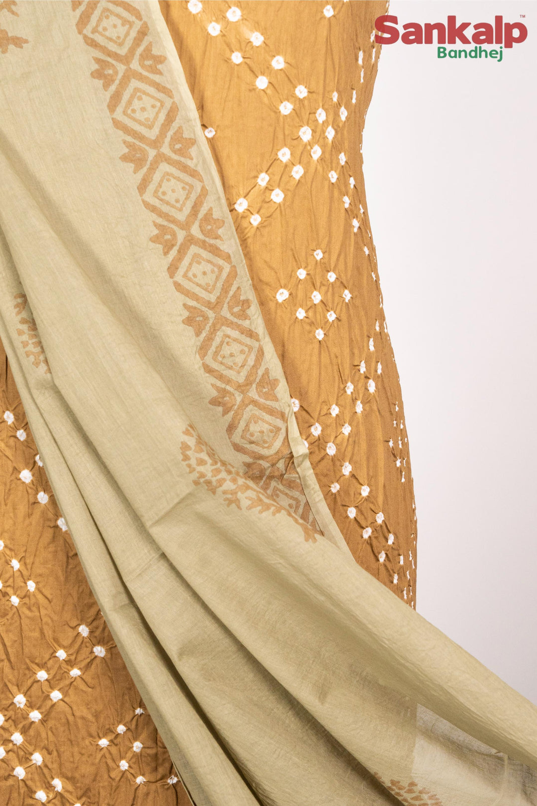 Mustard  Cotton Satin Bandhej Suit With Block Print Dupatta