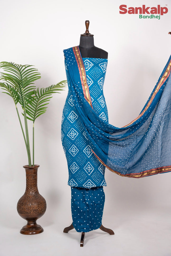 Sky Blue Bandhani Cotton Satin Dress Material