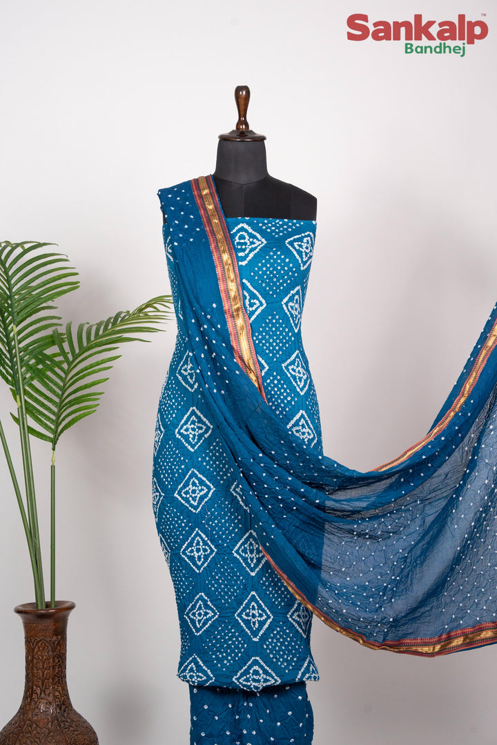 Sky Blue Bandhani Cotton Satin Dress Material