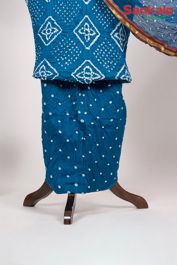 Sky Blue Bandhani Cotton Satin Dress Material