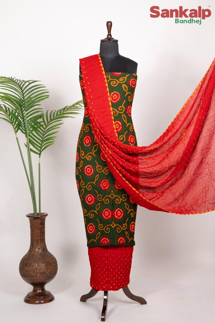 Green Designer Bandhani Cotton Satin Suit Material